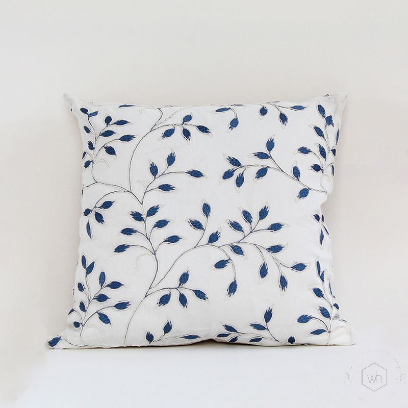Pecan Designer Blue Embroidered Cushion Cover White Background