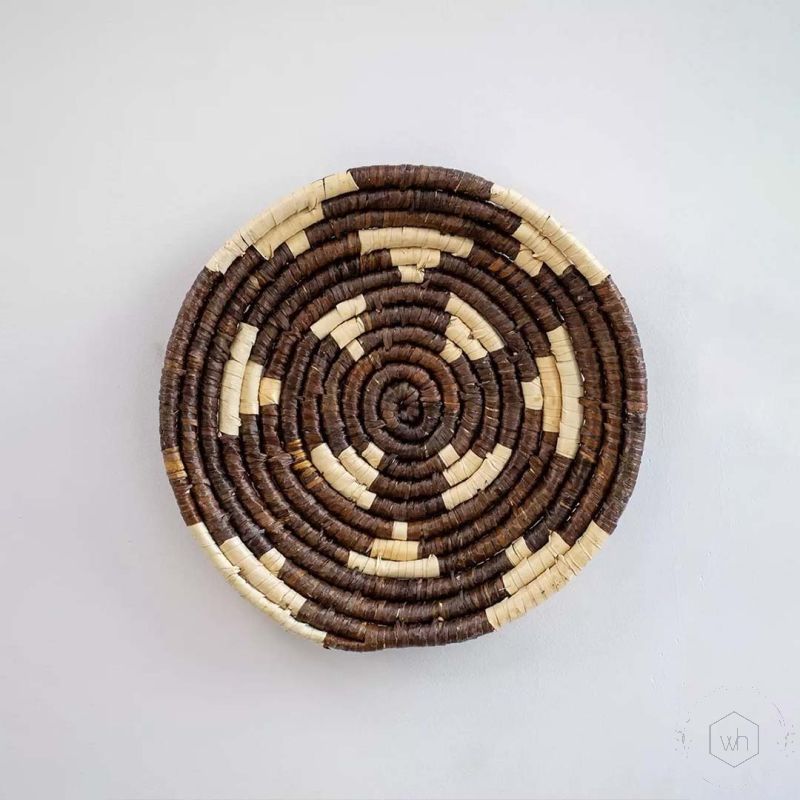 Round Track Handwoven Sabai Grass Hanging Wall Basket - Brown White Background
