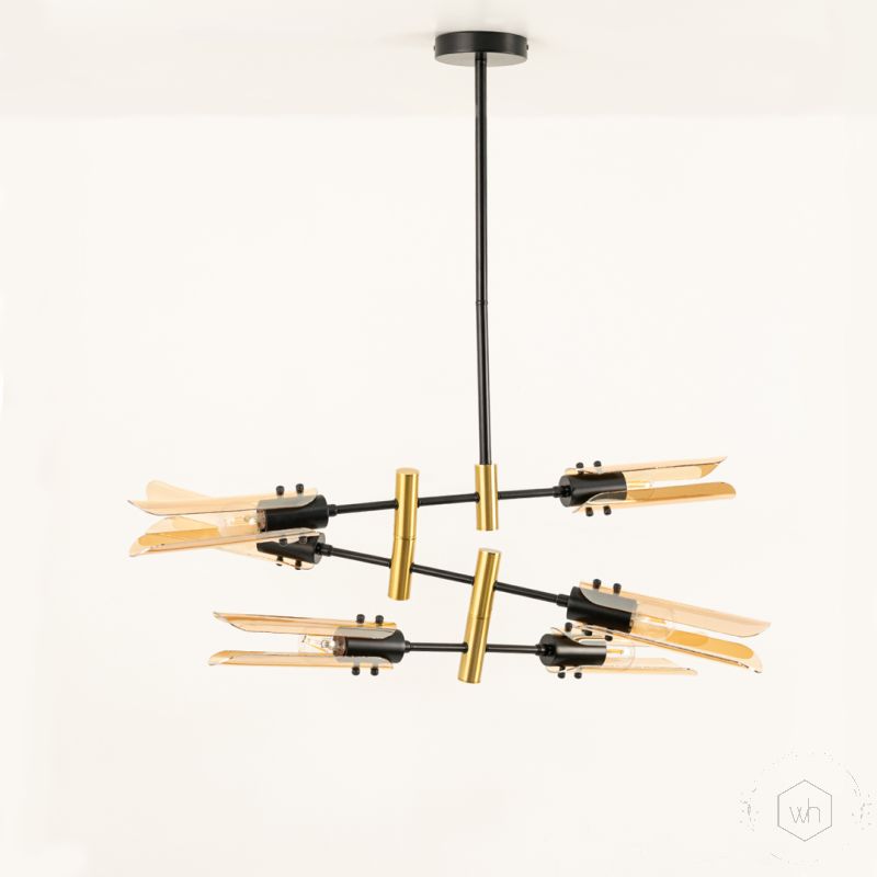 Sculptural Linear Chandelier - Gold light off white background