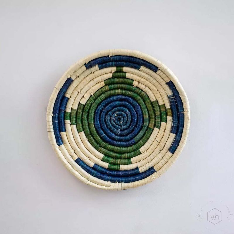 Spiral Saga Handwoven Sabai Grass Hanging Wall Basket - Blue White Background