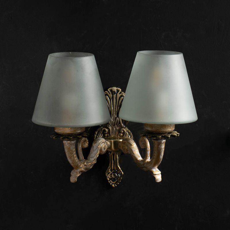 The Ivory Gold-White Combination Twin Light Wall Sconce - Tapered Frosted Glass Shade Light Off Black Background