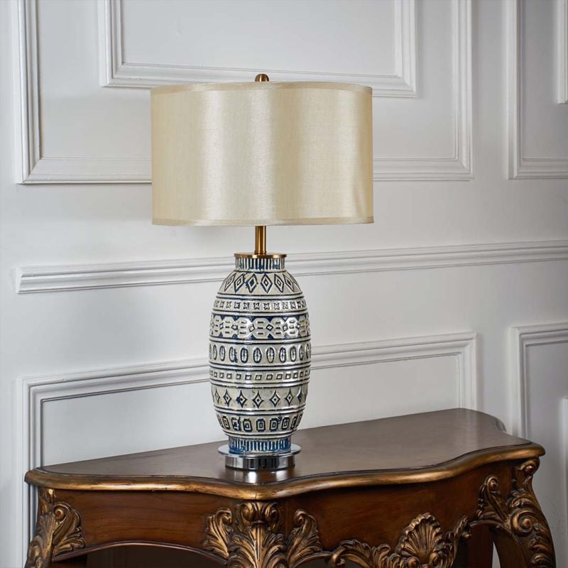 Verina Porcelain Pattern Blue & Ivory Ceramic Table Lamp with Ivory Shade Light Off White Background