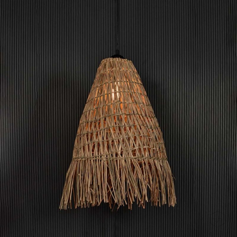 Wabi Sabi Hand Braided Pendant Lamp Light On Black Background