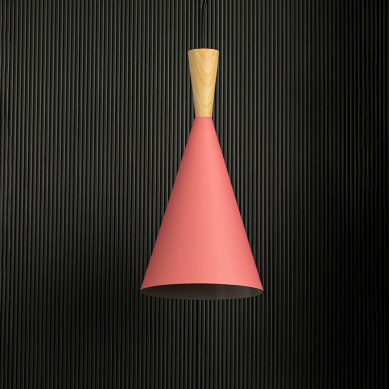Wood Tip Pendant Lamp - Cone & Pink Light Off Black Background
