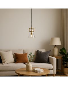 Contemporary cone shaped pendant light displayed with light on adding warm glowing ambience and stylish gold detailing to modern home spaces.