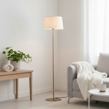 Klaviyo Linear Gold Floor Lamp with Pleated Drum Shade - Off-White