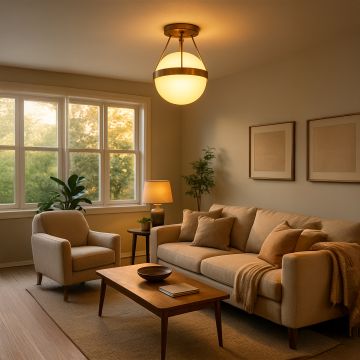 Modern gold ceiling light with frosted glass globe glowing in beige living room for stylish home interior lighting decor.