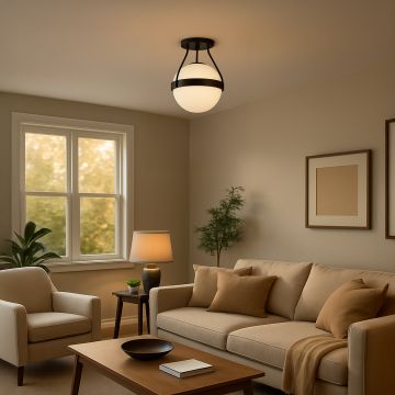 Modern black ceiling light with frosted glass globe glowing warmly in beige living room for stylish home lighting decor.