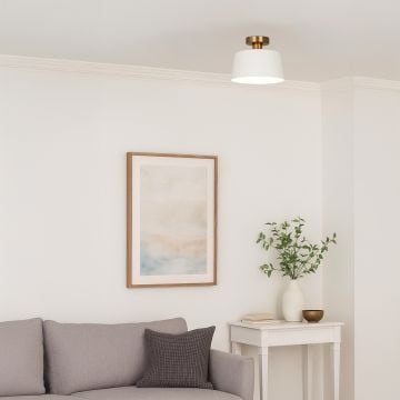 Modern white semi flush ceiling light with gold accents illuminating a cozy living room perfect for bedroom and hallway lighting decor.
