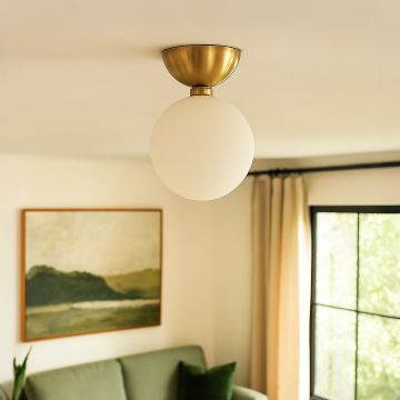 Modern ceiling light with gold base and frosted glass globe styled in living room for elegant home lighting.