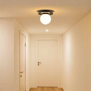Modern ceiling light with black base and frosted glass globe styled in hallway interior for warm home lighting.