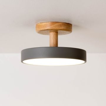 Modern wood and grey metal ceiling light flush mount fixture ideal for living room or hallway lighting.