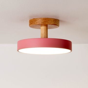 Modern wood and pink metal ceiling light flush mount design perfect for vibrant living rooms or cozy hallways.