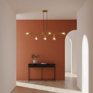 Modern chandelier with metal arms and warm globe lights hanging in hallway adding artistic ambient lighting to contemporary interior decor.