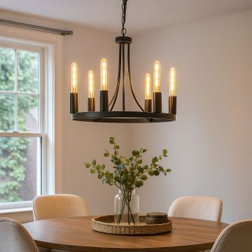 farmhouse wagon wheel chandelier black main lifestyle