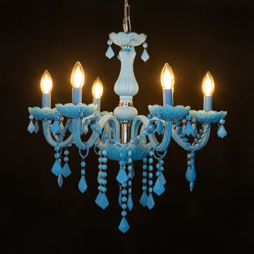 bezel 6 light victorian candle chandelier blue light on black background