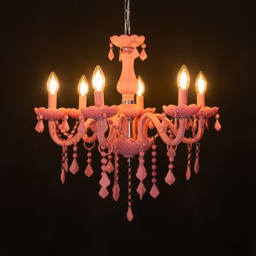 bezel 6 light victorian candle chandelier pink light on black background