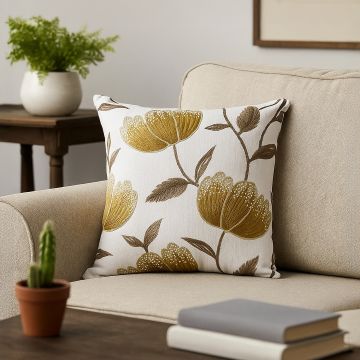 crocus designer yellow embroidered cushion cover main lifestyle