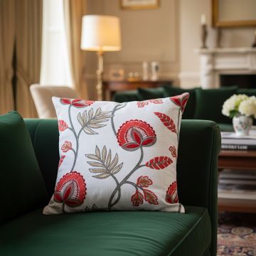 vermilion chic red embroidered cushion cover main lifestyle