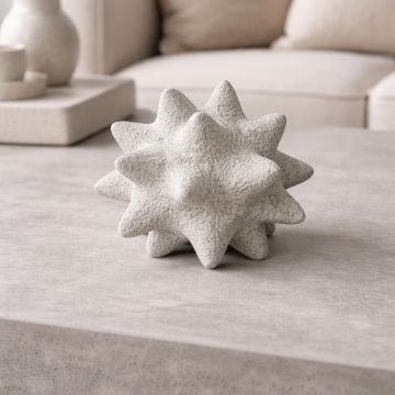 White ceramic star shaped decorative accent placed on coffee table creating subtle and contemporary interior decor charm.