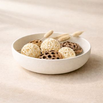White ceramic decorative bowl with natural accents placed on table adding soft and minimal charm to modern home decor.