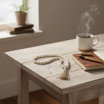 White bead garland placed on a wooden table beside coffee and notebooks adding a soft minimal touch to morning decor.