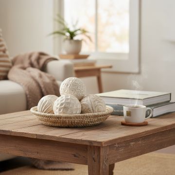 Decorative carved balls set arranged in a woven tray on a wooden coffee table beside a warm cup in a cozy living room interior.