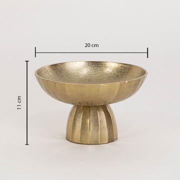 Gold decorative bowl on pedestal base displayed on a white background with dimensions showing 20 cm width and 11 cm height