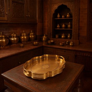 A decorative gold serving tray displayed in a traditional brass filled kitchen setting adding a warm royal touch to the space with its ornate carved design.