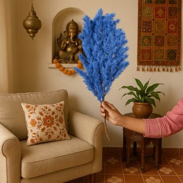 Blue preserved foliage bouquet styled in traditional Indian living room lifestyle home decor arrangement display.