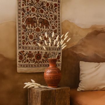 Beige lagurus bunny tail grass bouquet styled in terracotta vase lifestyle ethnic home decor background display.