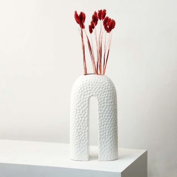 Red lagurus dried bunny tail grass styled in modern white textured ceramic vase lifestyle home decor arrangement.