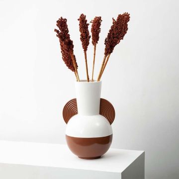 Brown preserved millet stems styled in modern white and brown ceramic vase home decor on white backdrop.