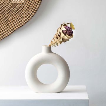 Dried protea stem held in hand on a clean light background showing its natural earthy texture in a simple lifestyle view.