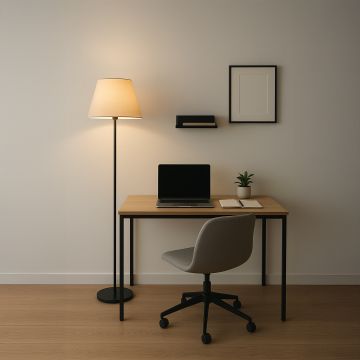 caelis linear black floor lamp with suede shade gold main lifestyle