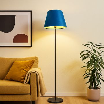 caelis linear black floor lamp with suede shade blue main lifestyle