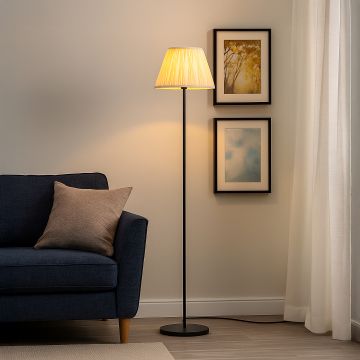 caelis linear black floor lamp with pleated tapered shade off white main lifestyle