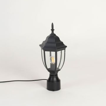 Classic black outdoor pillar lamp with clear glass panels designed for modern garden patio and entrance lighting.