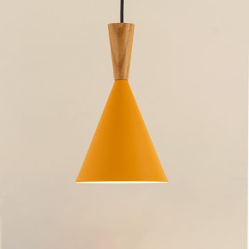 Wood Tip Pendant Lamp Cone Yellow Light On White Background