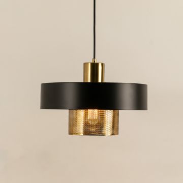 Modern pendant lamp with a black shade and inner metal mesh accent casting a soft golden glow against a white background.