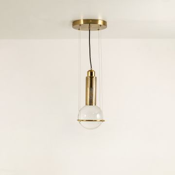 Pendant light with frosted glass globe and metal cylinder shown switched off on a clean white background highlighting its modern sculptural shape for interior decor styling.