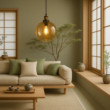 Amber glass pendant light styled in a Japanese inspired living room with neutral sofa and green cushions creating a warm cozy ambiance.