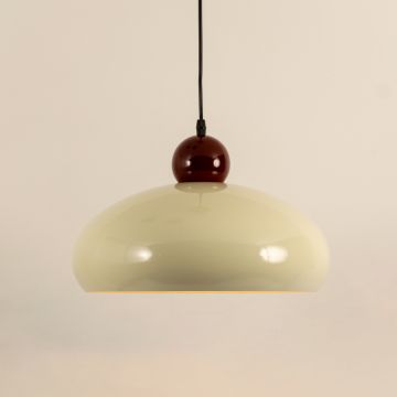 Elegant white dome pendant with dark red accent glowing softly against a white background perfect for dining and living areas.