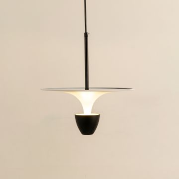 Modern pendant light with a wide flared white shade and a dark stem creating a soft focused illumination that adds a minimal contemporary highlight to the room setting.