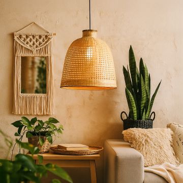 Modern black metal and natural wood cone pendant lamp hanging in a cozy living room over a soft grey sofa for home decor.