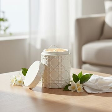 White ceramic decorative jar with lid placed on table creating clean and elegant living space decor accent.