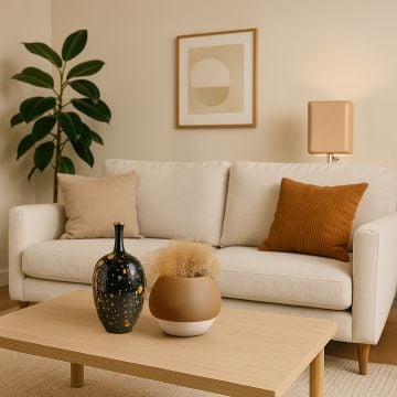 Black and gold artistic vase styled on a modern wooden table in a cozy living room setup.