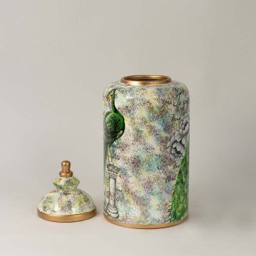 Elegant cylindrical ceramic jar with golden lid featuring a beautifully detailed green peacock design perfect for home décor.