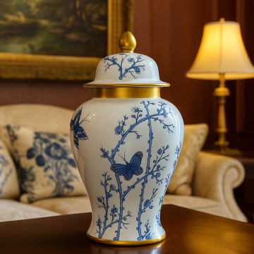 Luxury blue and white ceramic jar with gold detailing styled in a living room adding elegant artistic decor appeal.