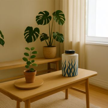White and blue ceramic jar with gold detailing styled on table adding elegant charm to modern home interior decor.